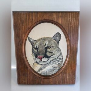 Hand painted Signed Cougar Mountain Lion In Wood Frame Rustic